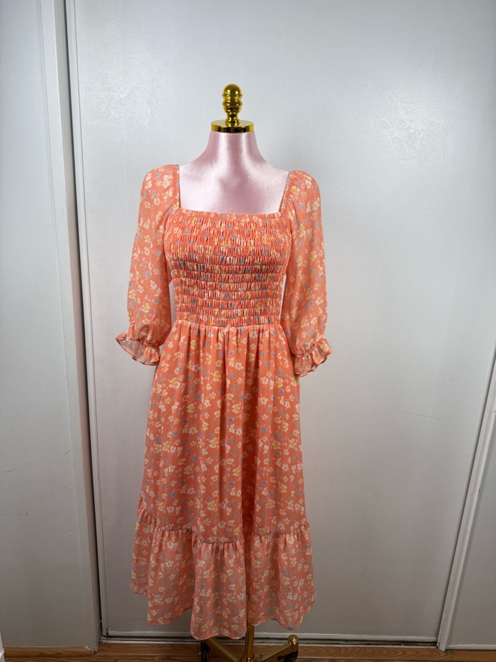 Sienna Sky Floral Smocked Square-Neck Midi Dress in Peach